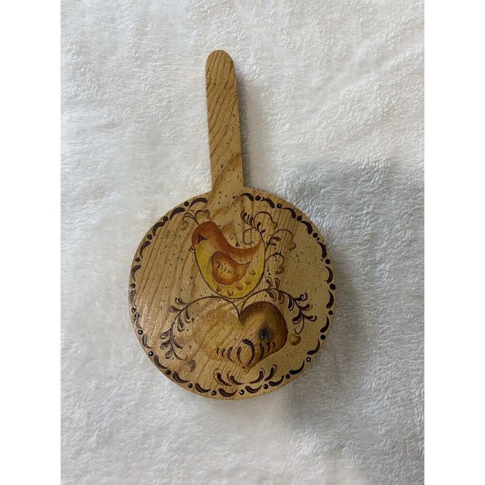 Vintage Wooden Hand Painted Trivet Hot Plate Mat Bird Heart Folk Art 1984 Pat